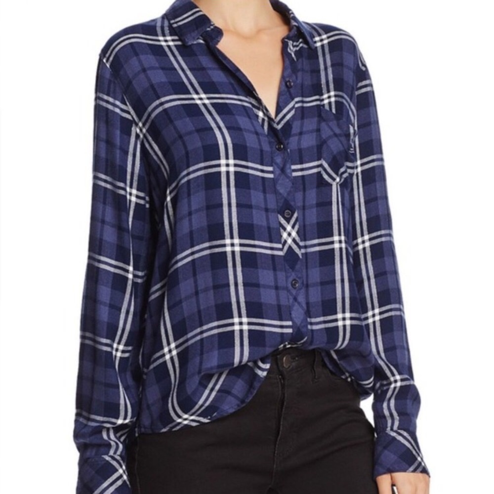 Rails Hunter Plaid Shirt Rayon Pacific Navy Blue White M - Picture 2 of 16